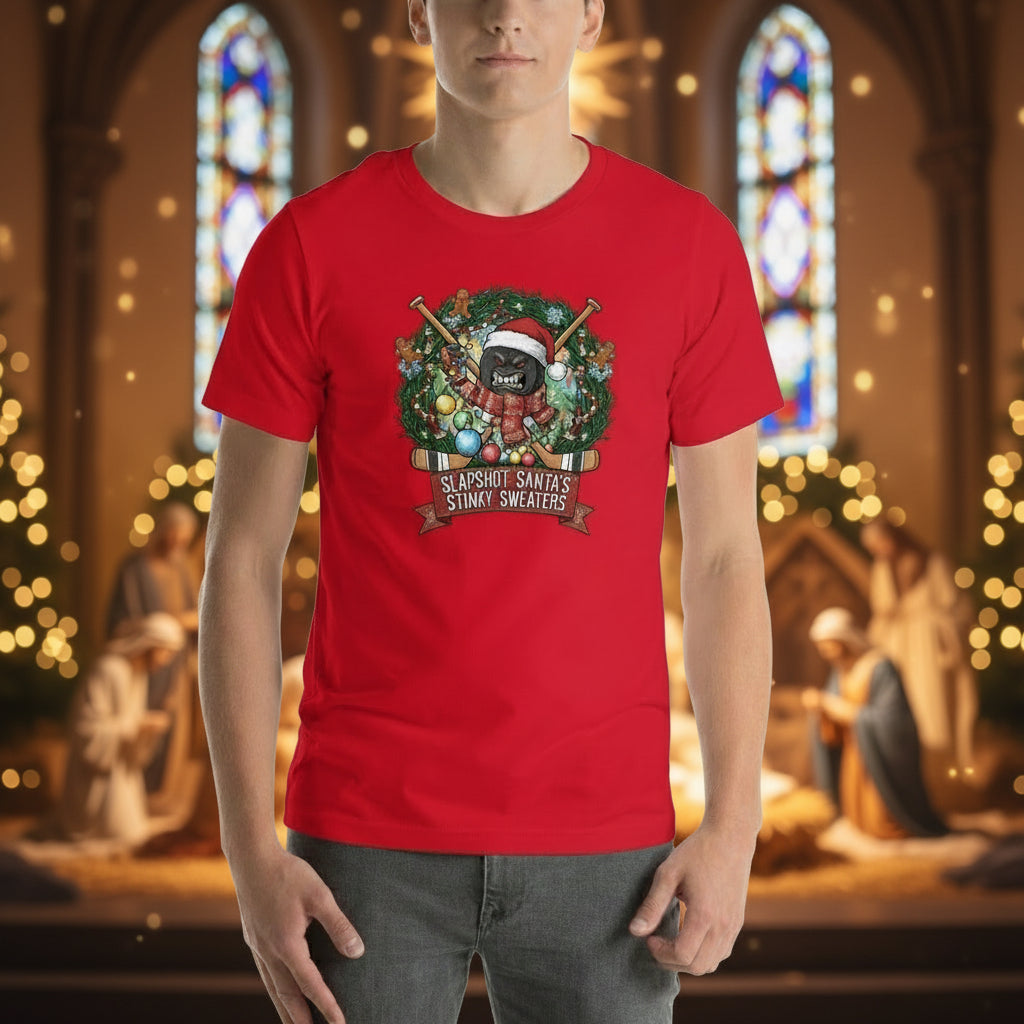 A Unisex, heavy-duty cotton shirt featuring Christmas ornaments, gingerbread men, ornaments, hockey sticks and garland and a very angry hockey puck