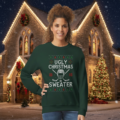 A warm, winter sweatshirt blending Christmas, Hockey and soft comfortable clothing.