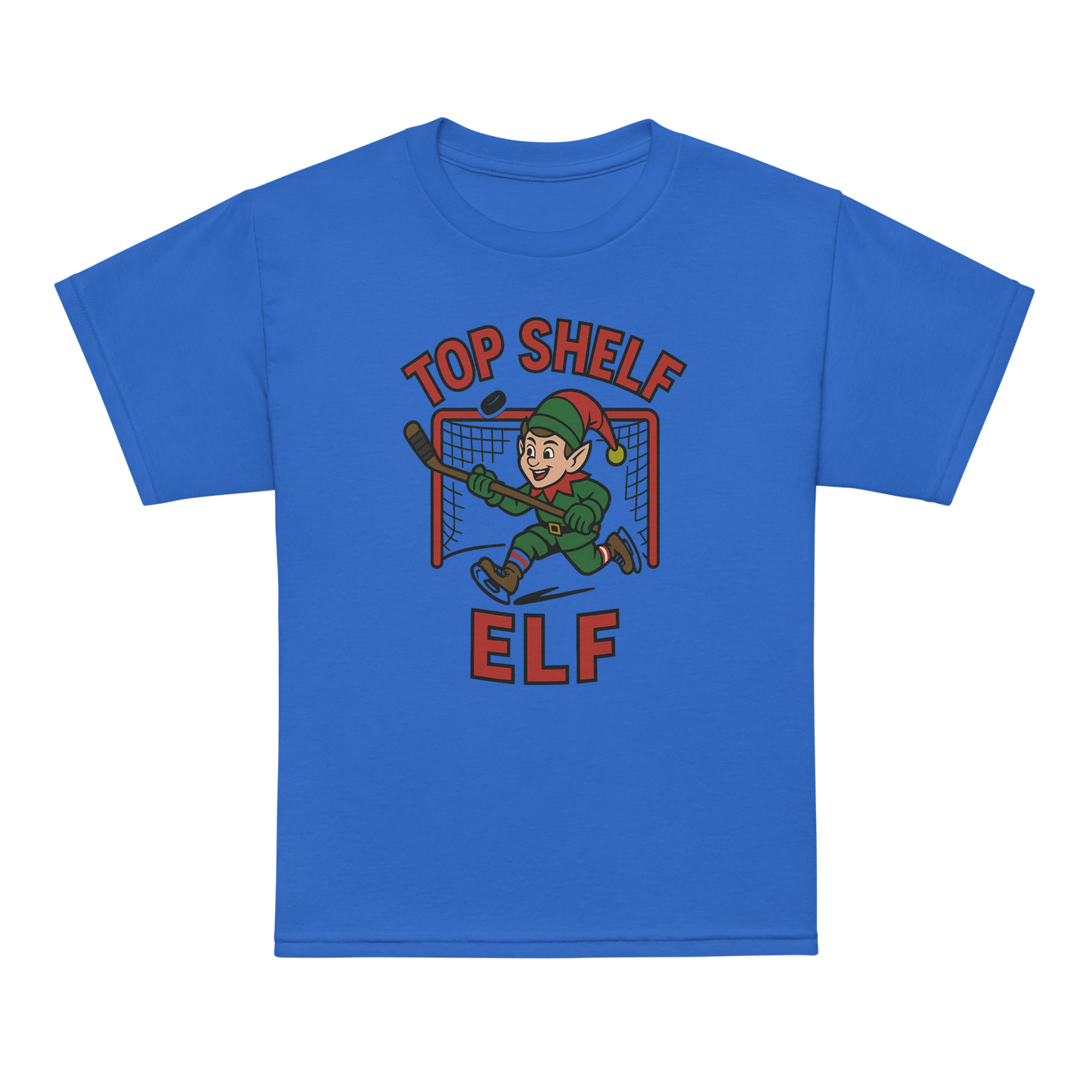 Top Shelf Elf Blue: Christmas hockey t-shirt with festive elf scoring a goal