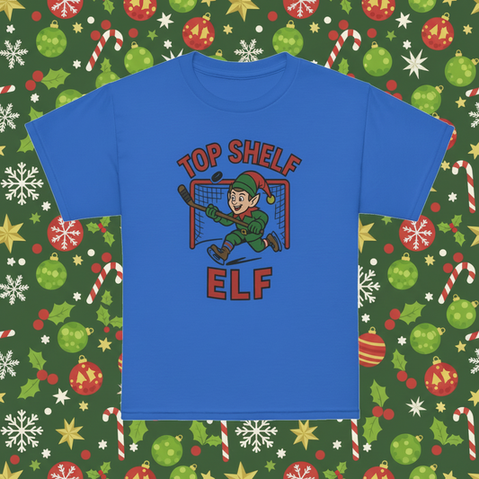 Top Shelf Elf Blue: Christmas hockey t-shirt with festive elf scoring a goal