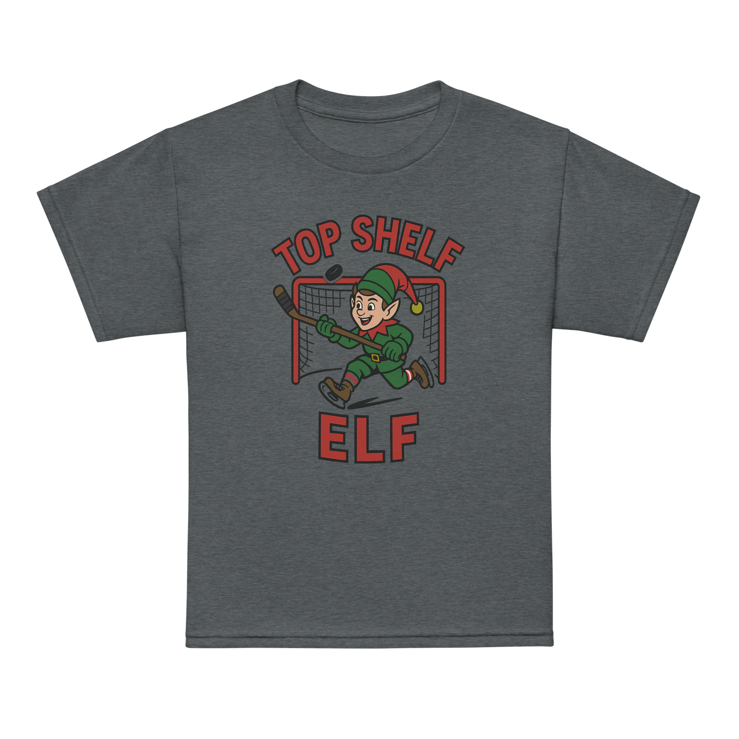 Top Shelf Elf scoring a goal- Gray T-shirt