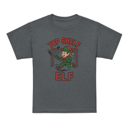 Top Shelf Elf scoring a goal- Gray T-shirt