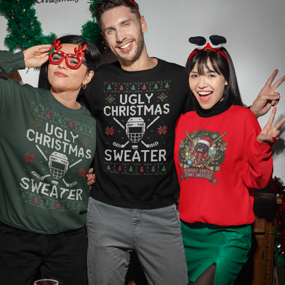 Three people wearing Ugly Christmas Sweaters at a festive Holiday party