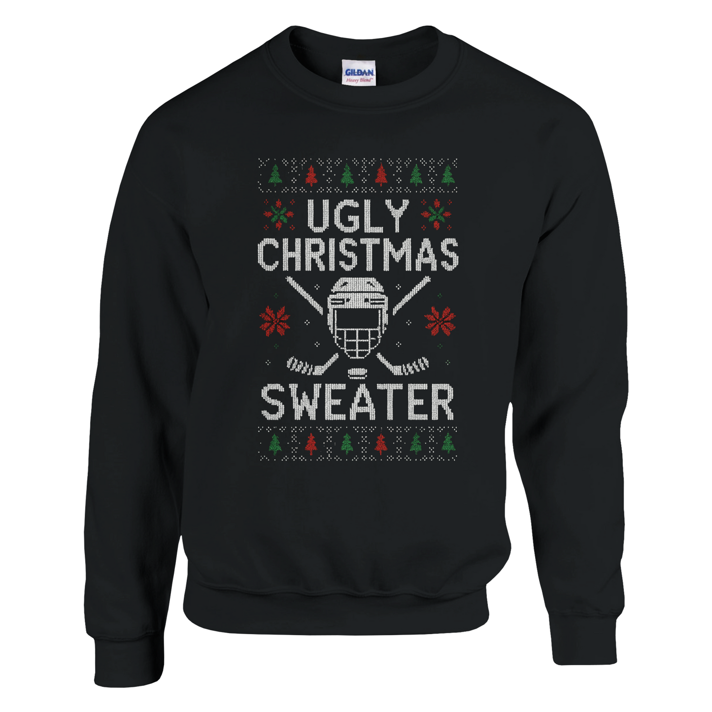 A black sweater with hockey helmet, puck and sticks. Red white and green Christmas design