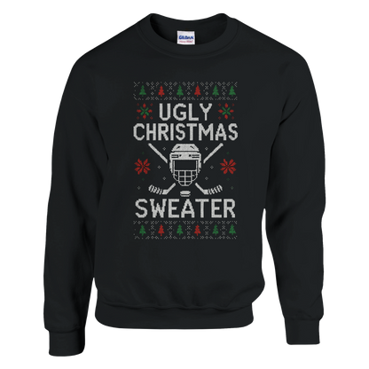 A black sweater with hockey helmet, puck and sticks. Red white and green Christmas design