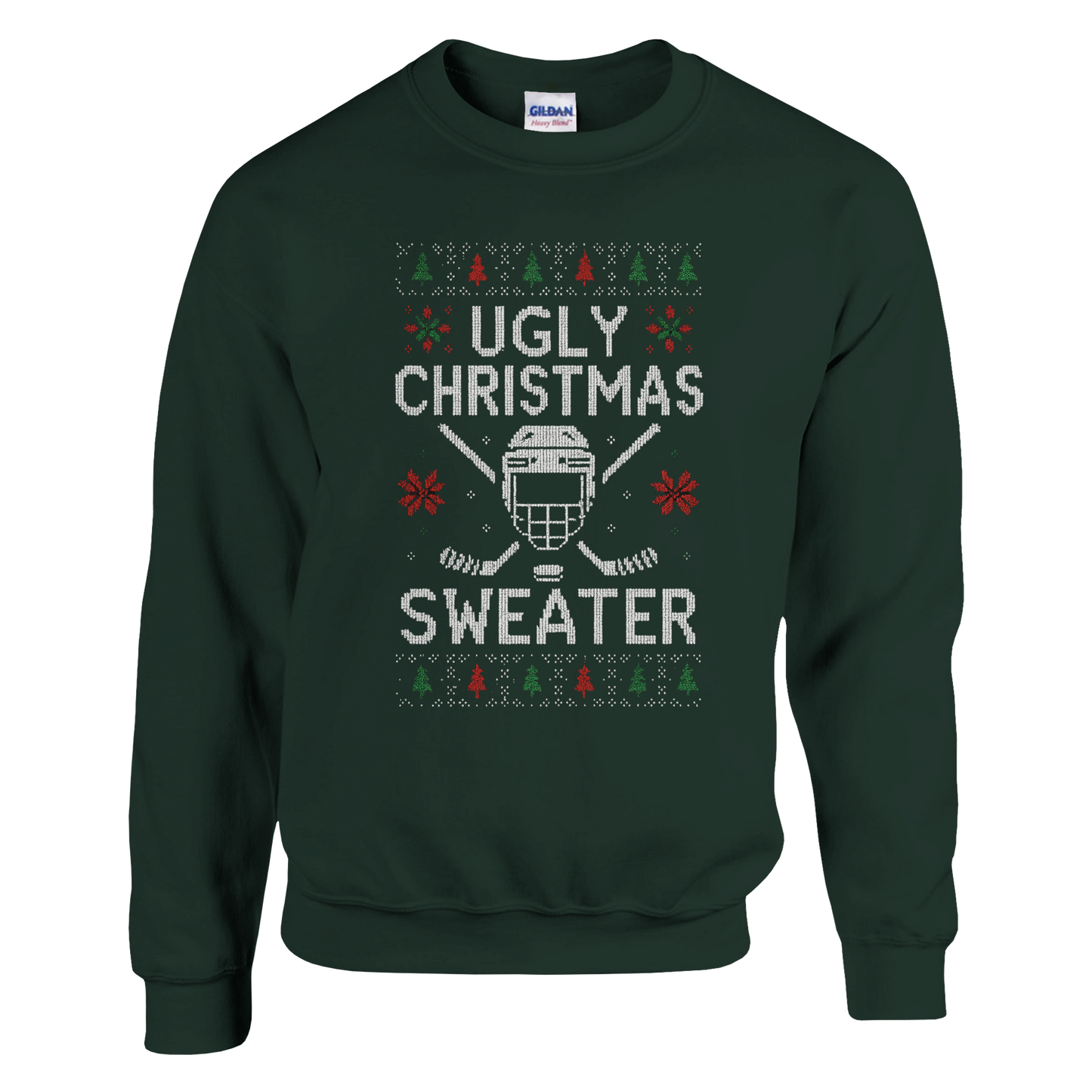 Dark green sweatshirt with 'Ugly Christmas Sweater' text and holiday patterns on a white background with a hockey helmet, puck and crossed sticks