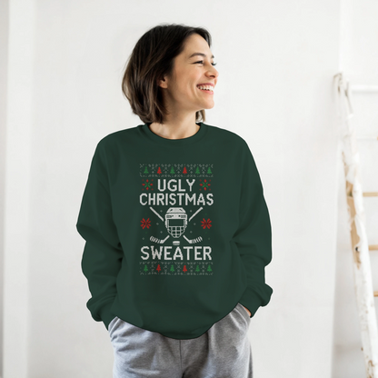 A woman wearing a green funny Christmas Sweater with an ice hockey theme
