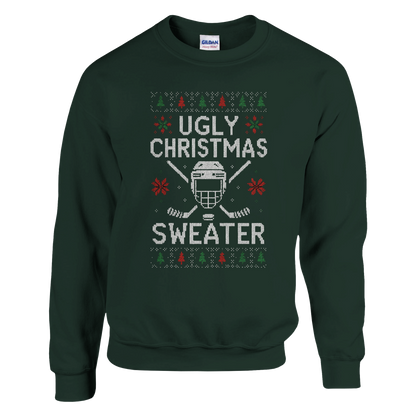 It is what it says, an Ugly Christmas sweater, complete with Hockey helmet, classic crossed sticks and holiday flair