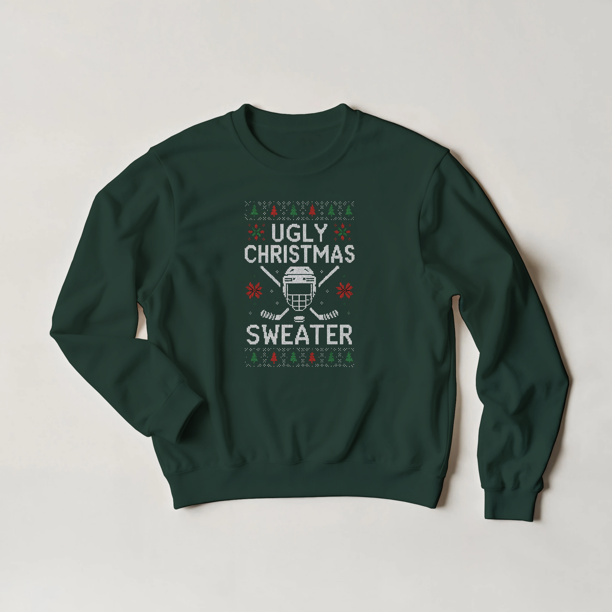 A hockey fan Ugly Christmas Sweater in Green with colorful decorations