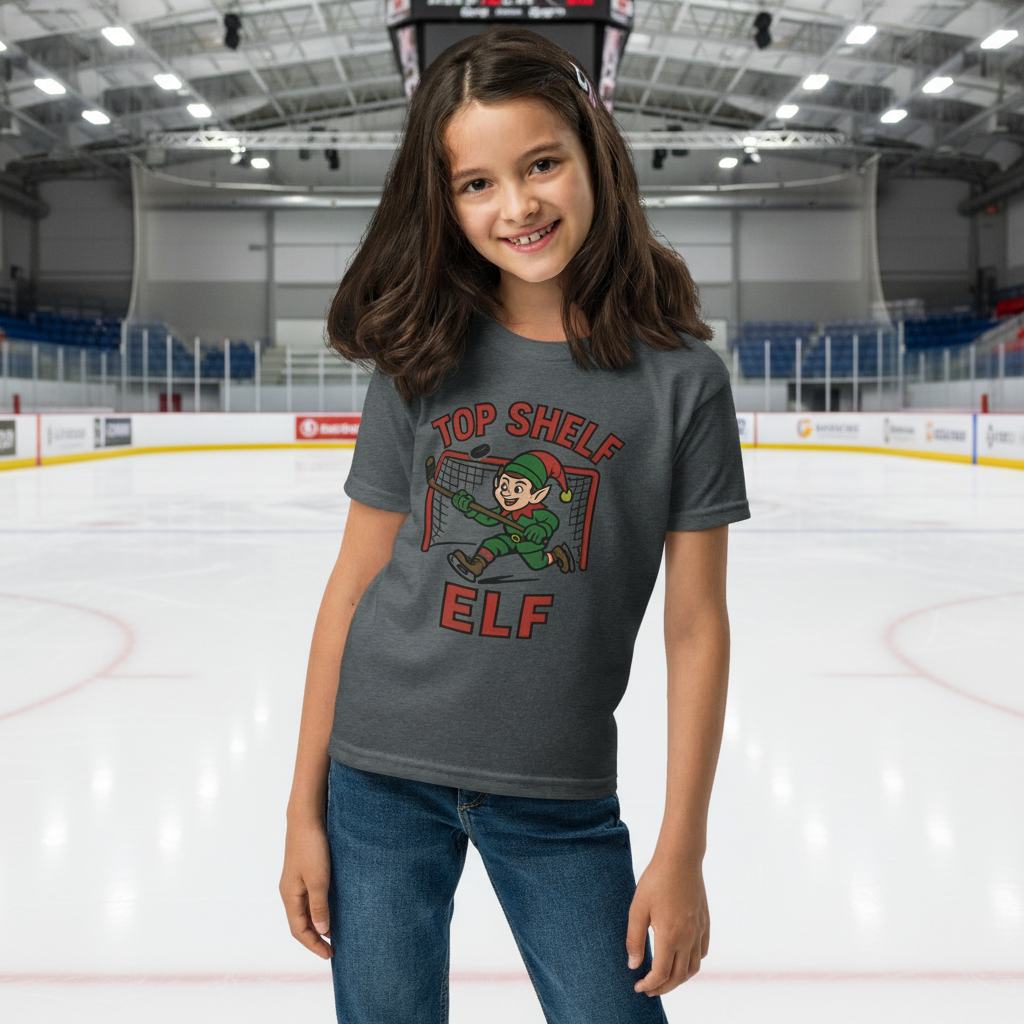 Girl wearing a 'Top Shelf Elf' t-shirt on a white background