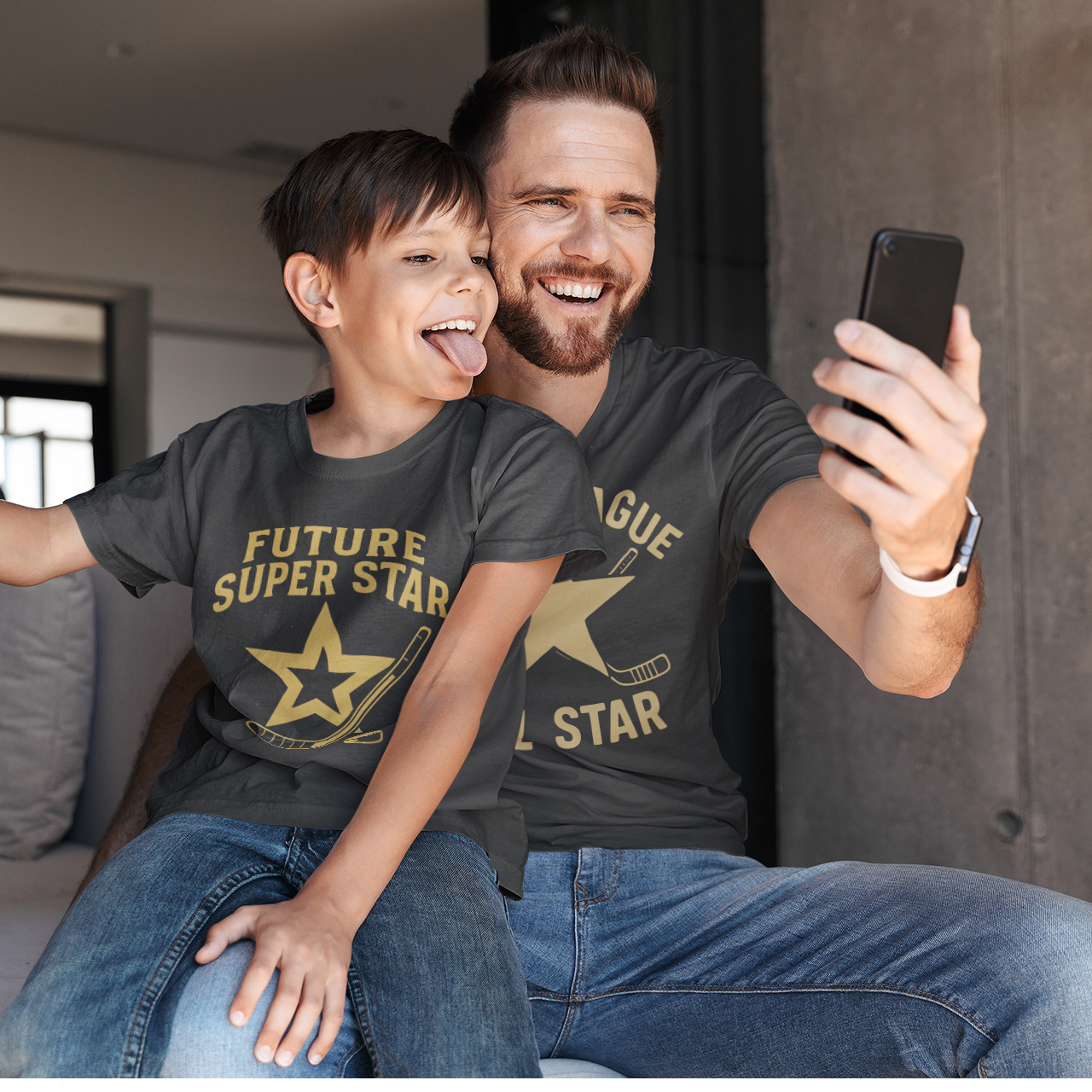 Shop the ultimate father-son matching shirt set! Dad rocks “Beer League All Star” while the kid shines as “Future Super Star.” Perfect gift for hockey families.