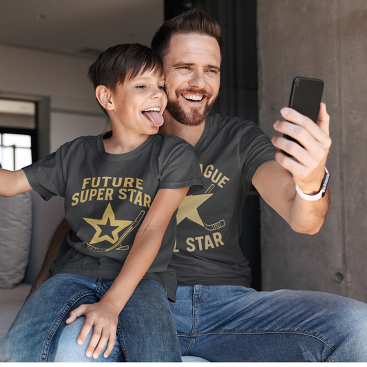 Shop the ultimate father-son matching shirt set! Dad rocks “Beer League All Star” while the kid shines as “Future Super Star.” Perfect gift for hockey families.