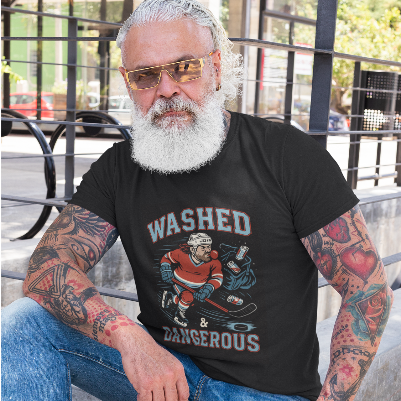 A super cool dude wearing the Washed & Dangerous T-shirt. You wish your grandpa was as cool as him