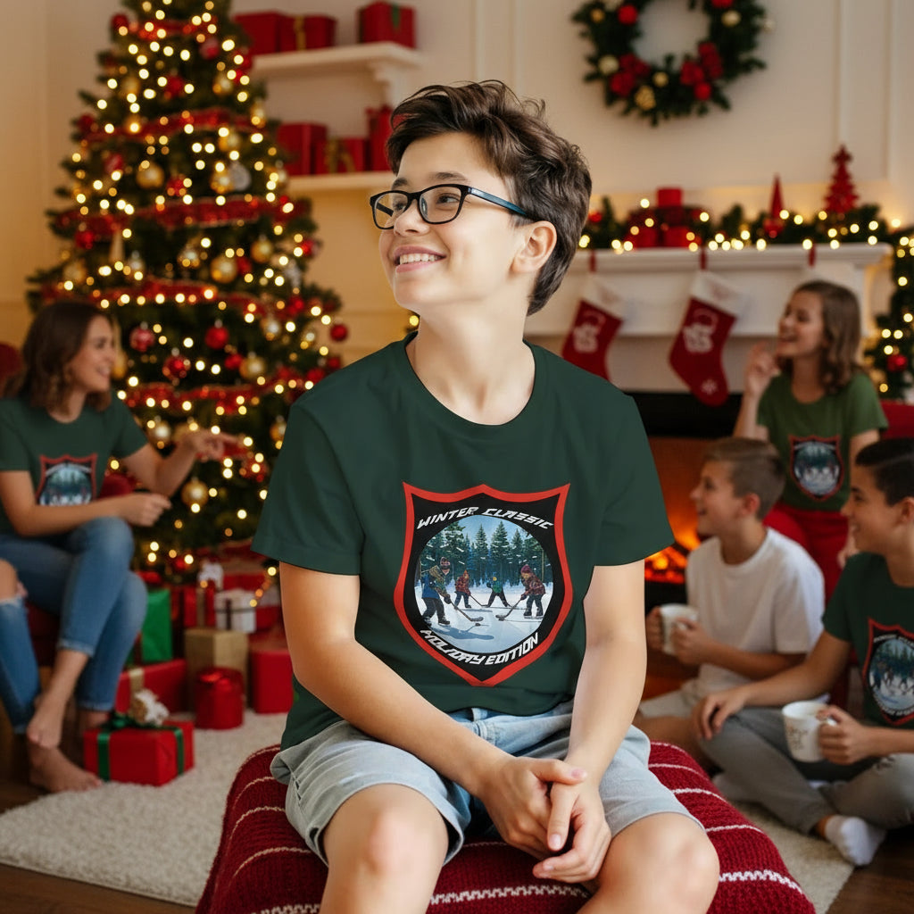 A kid remembering the exciting day of playing pond hockey, AKA Shinny, with while wearing his crested shirt.