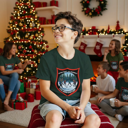 A kid remembering the exciting day of playing pond hockey, AKA Shinny, with while wearing his crested shirt.
