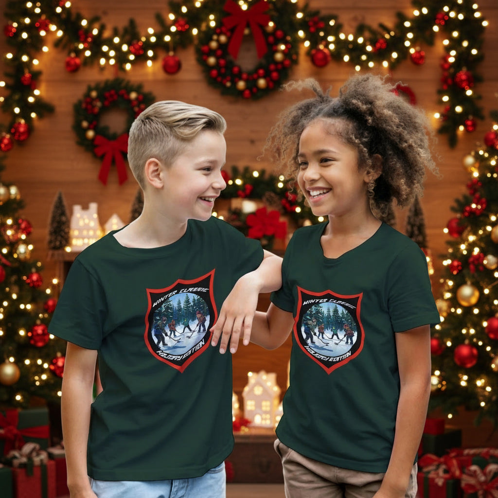 The Winter Classic Crest with youth shirt with kids playing shinny at the local pond