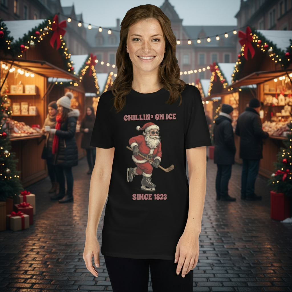 Black shirt with a cool Santa with a fun imprint "Chilling on Ice sine 1823" 