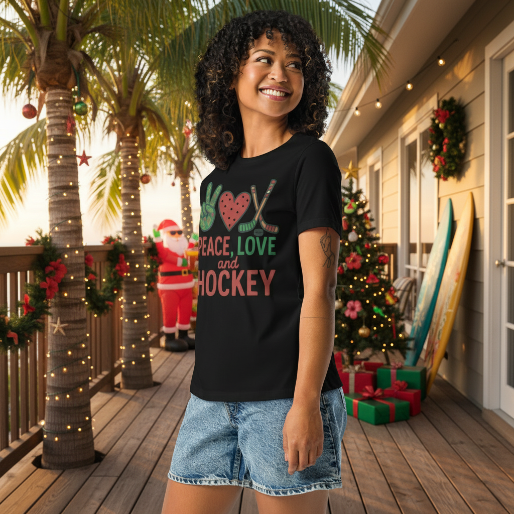 Woman wearing a black t-shirt with 'Peace, Love and Hockey' design. Don't we all need more Peace, Love and Hockey these days?