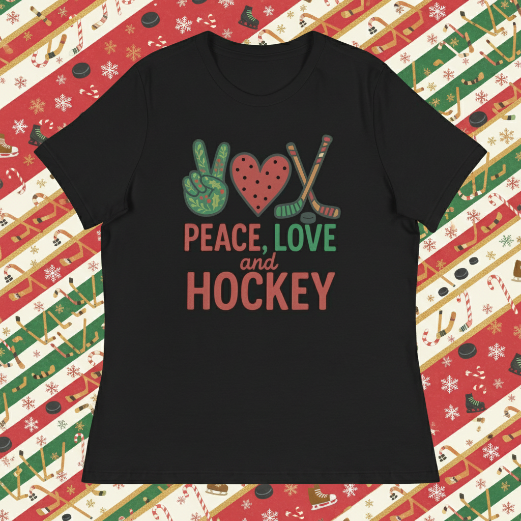 Black Peace, Love and Hockey, soft cotton Women's T-shirt with Christmas theme