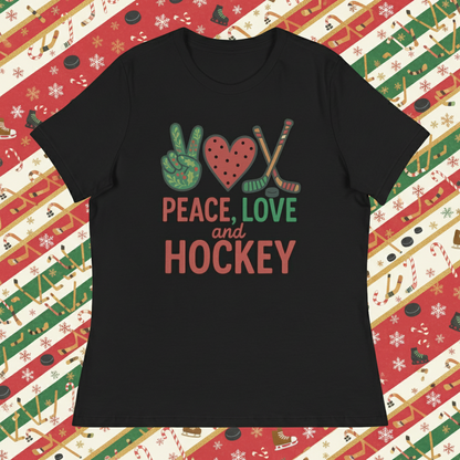 Black Peace, Love and Hockey, soft cotton Women's T-shirt with Christmas theme