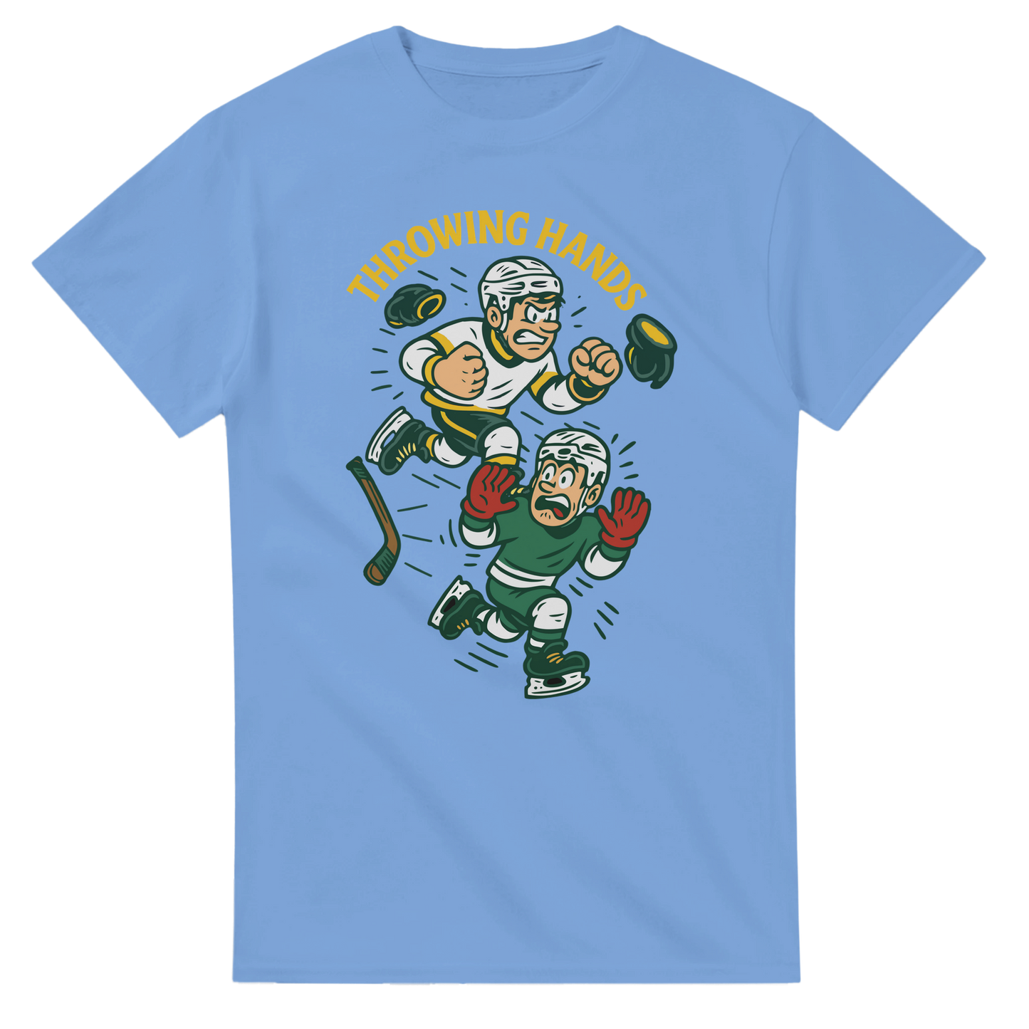 Light blue t-shirt with cartoon hockey players and 'Throwing Hands' text on a white background