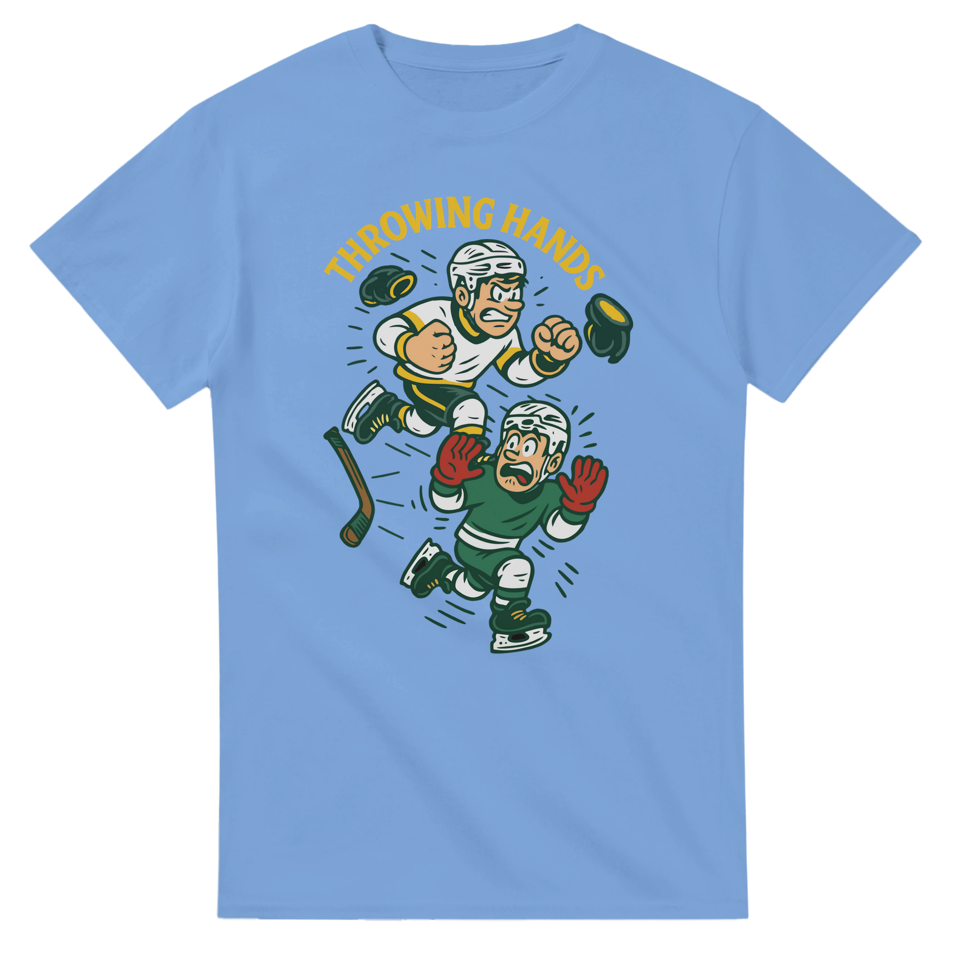 Light blue t-shirt with cartoon hockey players and 'Throwing Hands' text on a white background