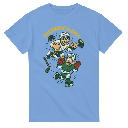 Light blue t-shirt with cartoon hockey players and 'Throwing Hands' text on a white background