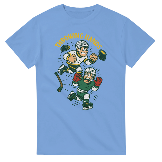 Light blue t-shirt with cartoon hockey players and 'Throwing Hands' text on a white background