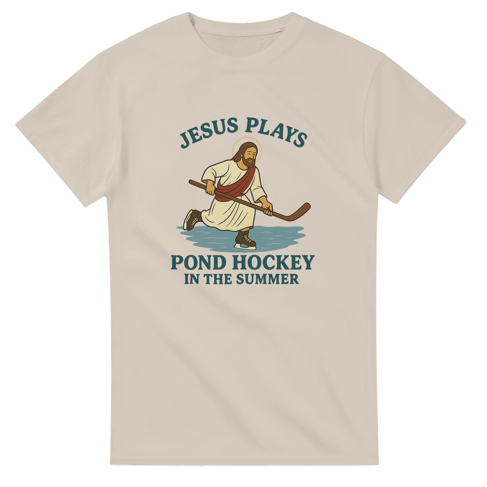 Funny t-shirt featuring Jesus playing pond hockey in the summer. 