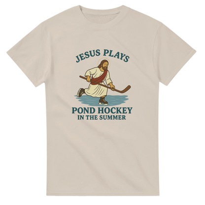 Funny t-shirt featuring Jesus playing pond hockey in the summer. 