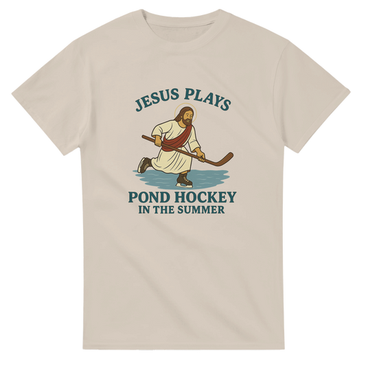 Funny t-shirt featuring Jesus playing pond hockey in the summer. 