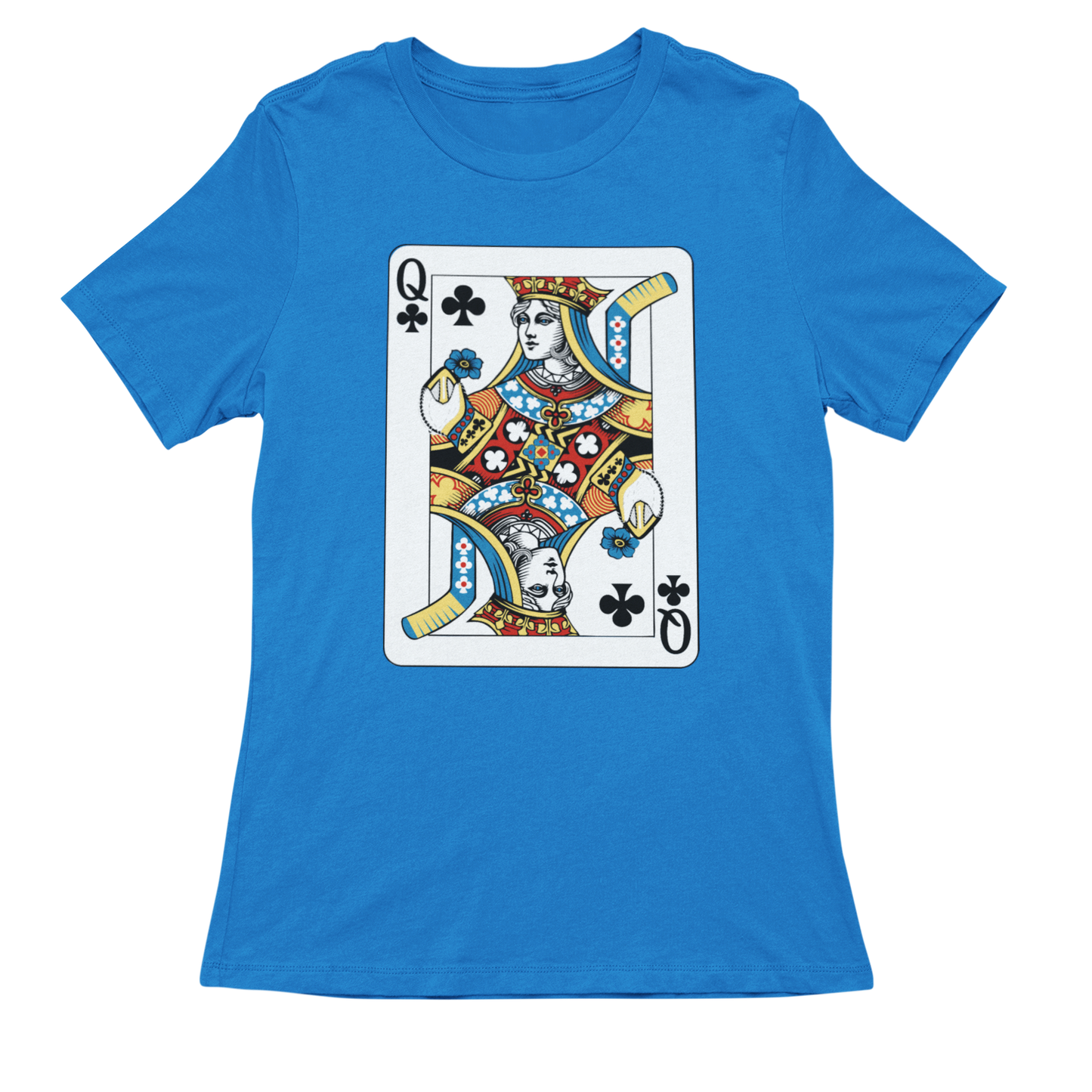 Blue t-shirt with a Queen of Clubs playing card design on a white background