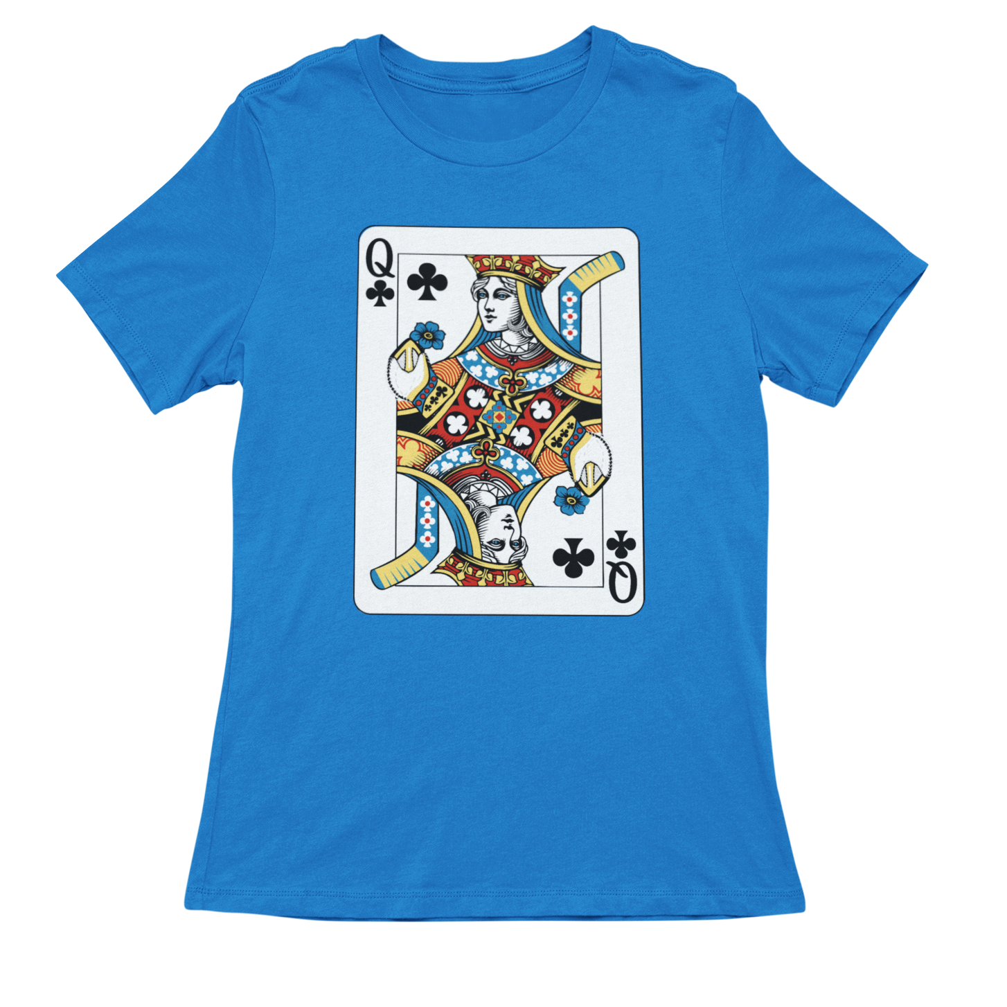 Blue t-shirt with a Queen of Clubs playing card design on a white background