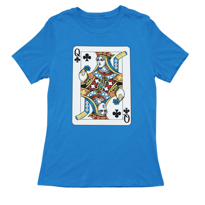 Blue t-shirt with a Queen of Clubs playing card design on a white background