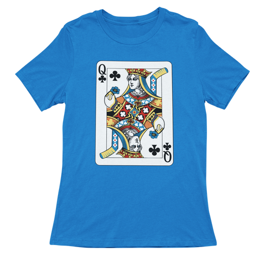 Blue t-shirt with a Queen of Clubs playing card design on a white background