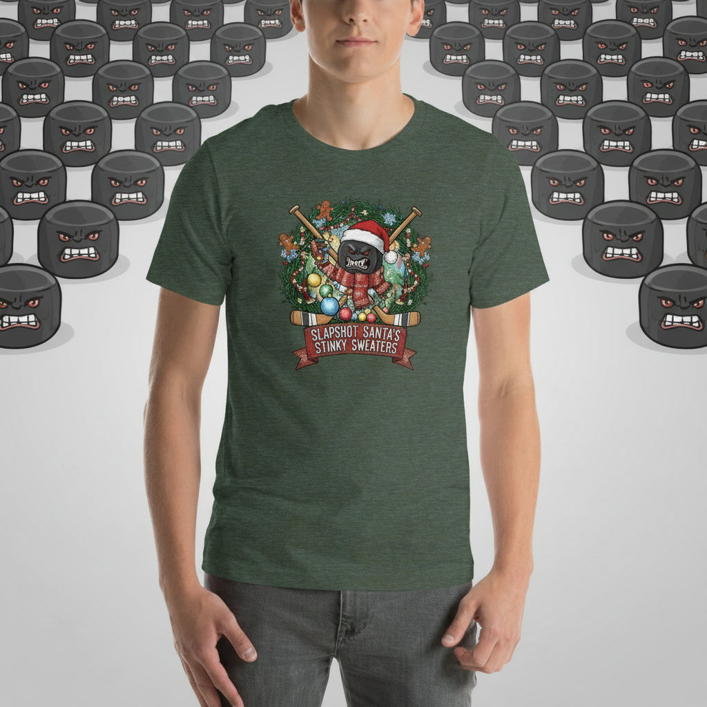 Hockey themed Heather greed shirt with a festive Christmas logo including hockey sticks, decorations and "Slapshot Santa's Stinky Sweaters"