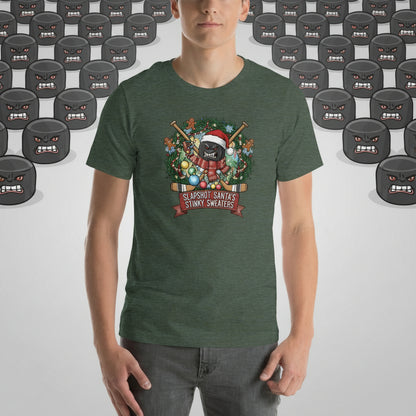 Hockey themed Heather greed shirt with a festive Christmas logo including hockey sticks, decorations and "Slapshot Santa's Stinky Sweaters"