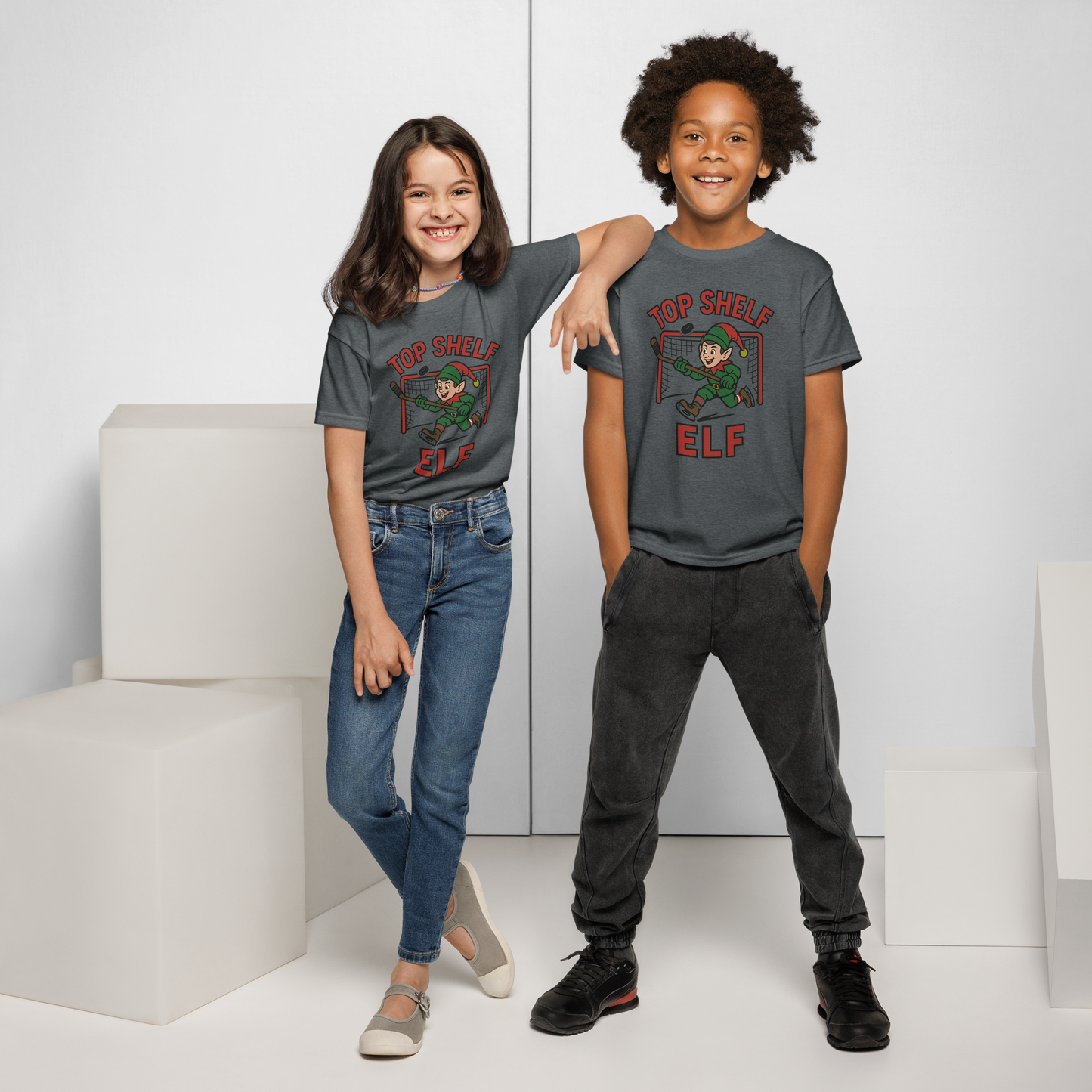 Top Shelf Elf Christmas Hockey T-Shirt | Funny Holiday Hockey Tee