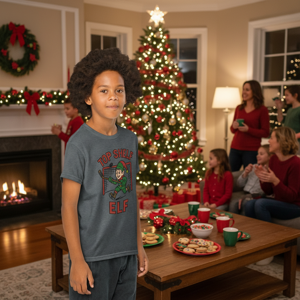 Child wearing a gray t-shirt with 'Top Shelf Elf' graphic in Green and Red with an Elf scoring a Michigan goal.