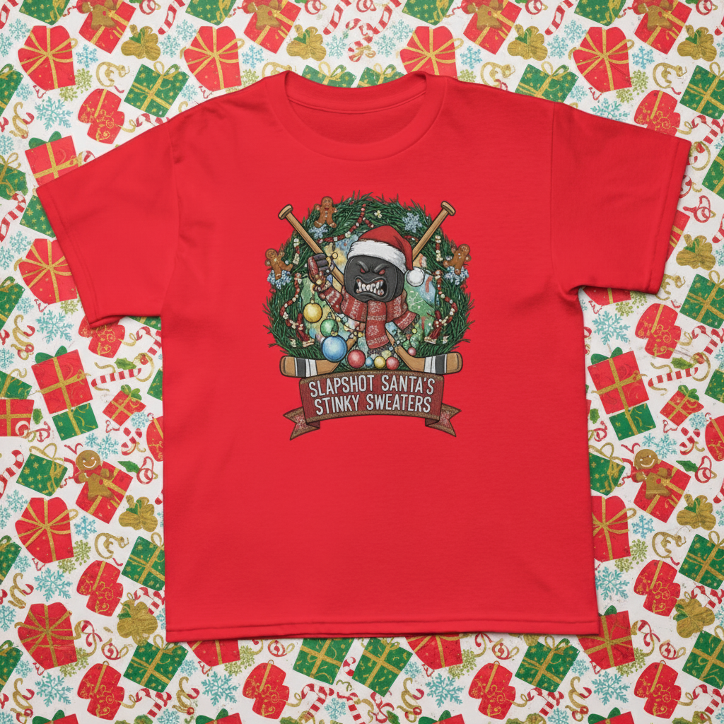 Red t-shirt with a Christmas-themed graphic on a green surface with stationery items.