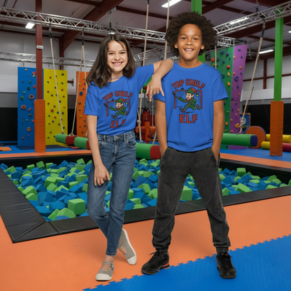 Two children wearing blue t-shirts with a graphic design on a white background